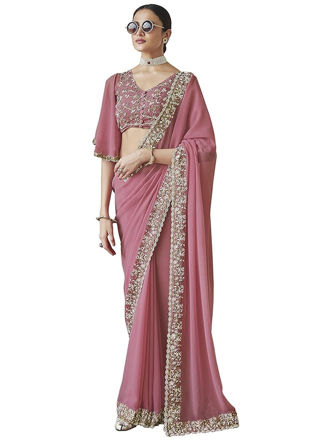 812VJNC8VwL._SY879_ Women's Georgette Embroidery work Saree with Blouse Piece - Image 1