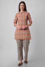 Women's Cotton Short Kurta with Pants - (Orange) - Image 2
