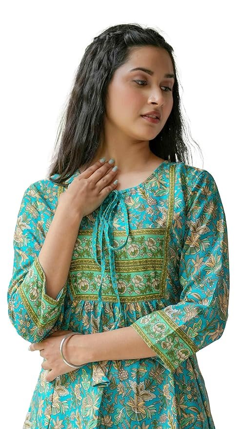 81JYbFsYXvL._SY879_ Polyester Women's Floral Placement 3/4 Sleeve and Keyhole Neck Printed Short Kurti - Image 1