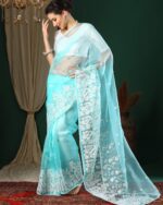 Women Organza Saree with Paisley Embroidered Border - Image 3