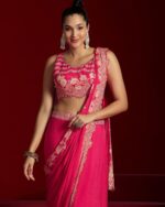 Women Pink Floral Printed Chinnon Lehenga Saree - Image 2