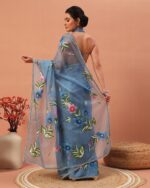 Women Hand Floral Printed Organza Saree - Image 3