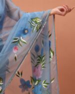 Women Hand Floral Printed Organza Saree - Image 4