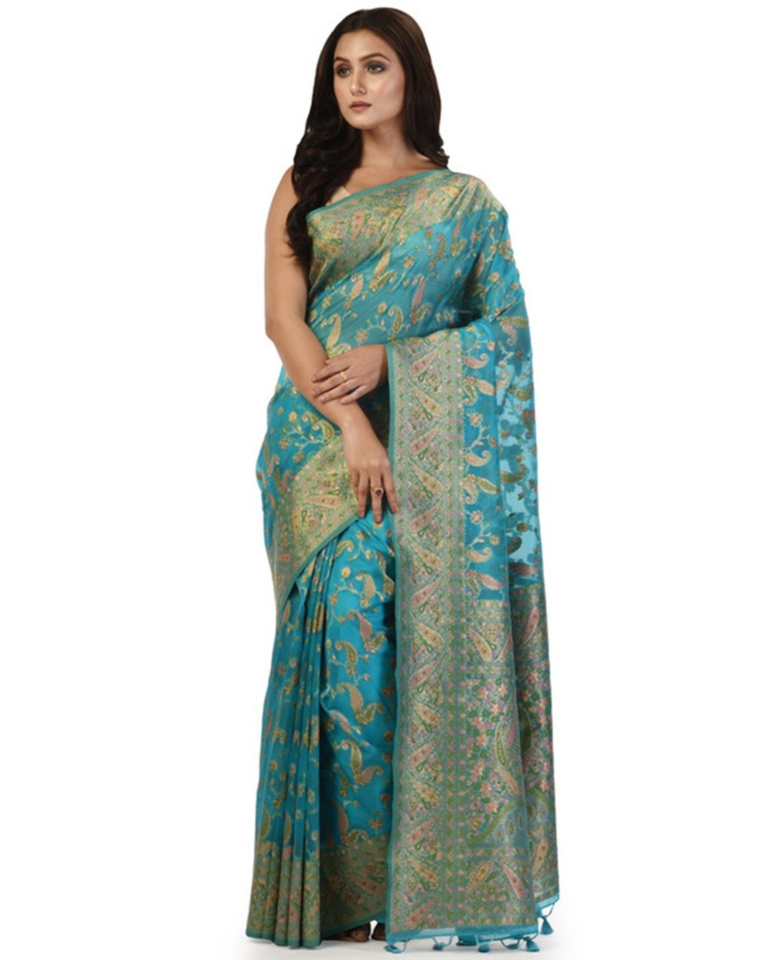 -1117Wx1400H-701290432-aqua-MODEL2 Women Paithani Woven Saree with Unstitched Blouse Piece - Image 1